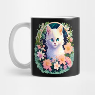 Beautiful White Kitten Surrounded by Spring Flowers Mug